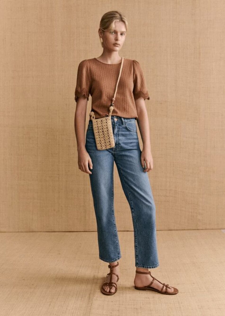 Sezane Coffee Brown Clea Short Sleeve Ribbed Knit Lace T-Shirt Women's Size XS